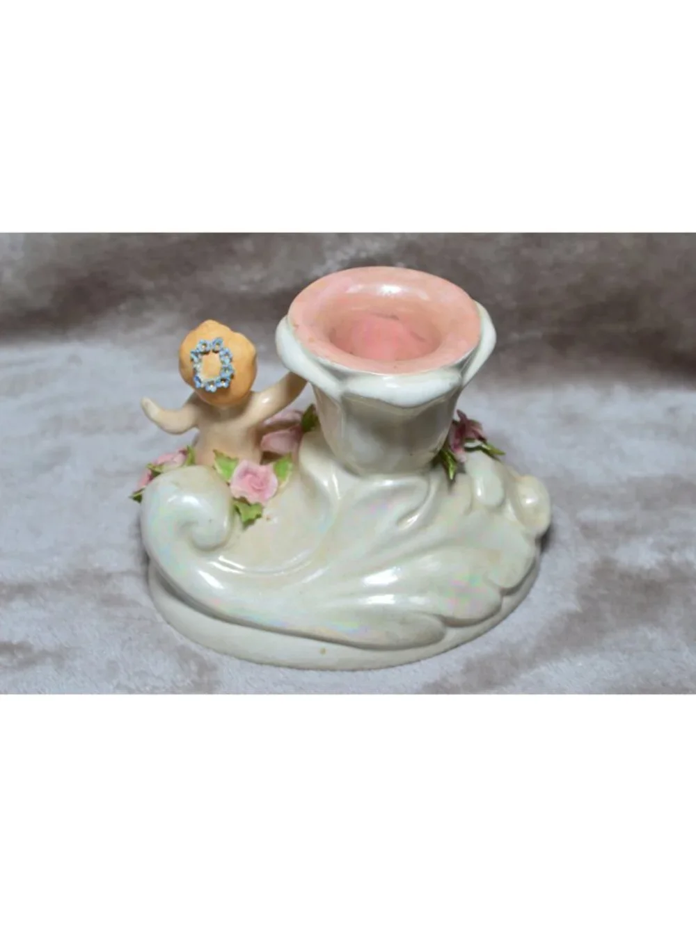 Vintage Ceramic Cherub Candle Holder Luster Cottage Coquette Shabby Chic Angel